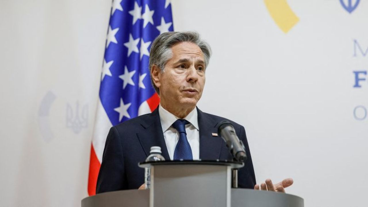 US Secretary of State Antony Blinken speaks during a joint news conference with Ukrainian Foreign Minister Dmytro Kuleba in Kyiv on May 15.