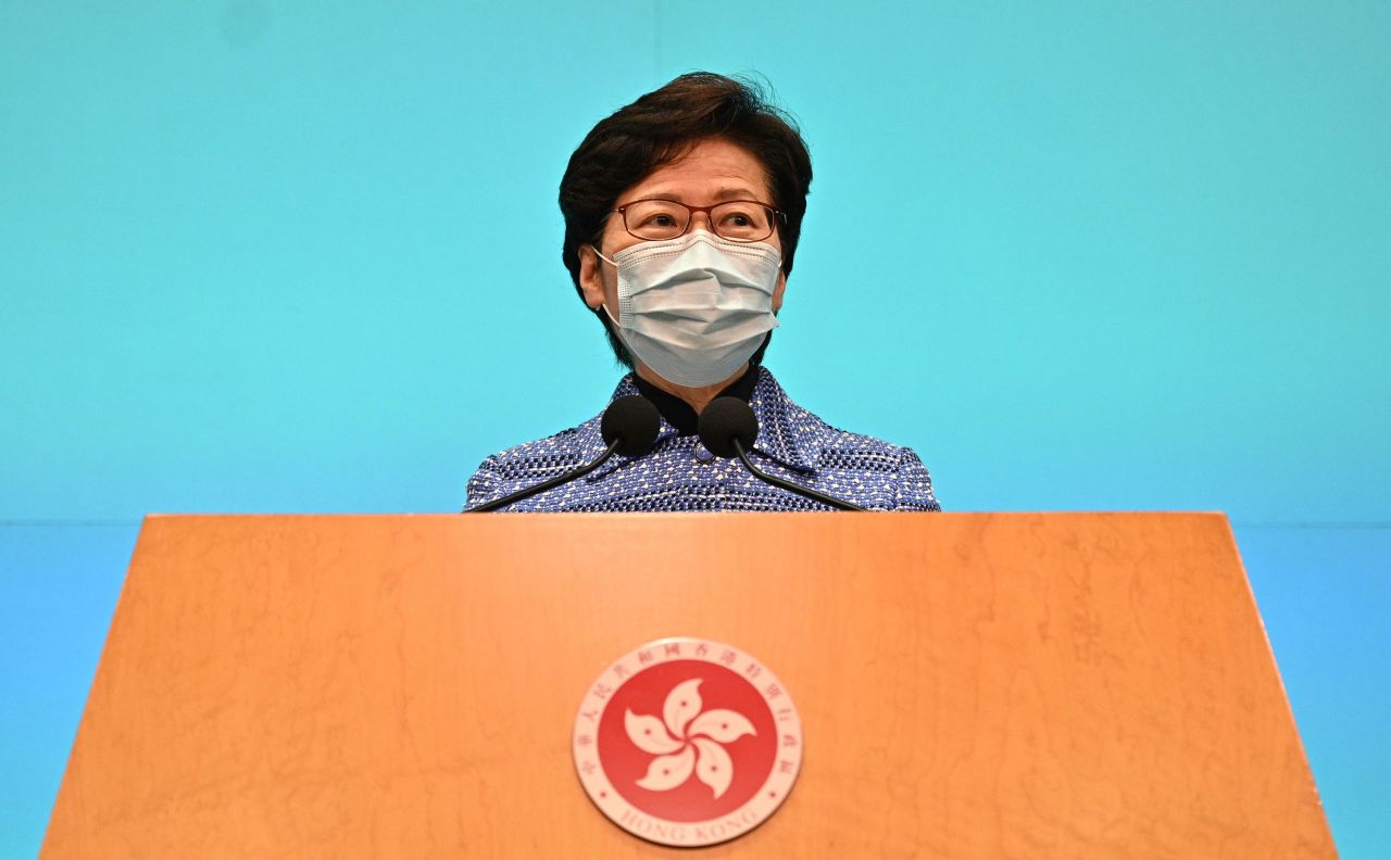 Hong Kong Chief Executive Carrie Lam speaks during a news conference at the government headquarters in Hong Kong on April 22. 