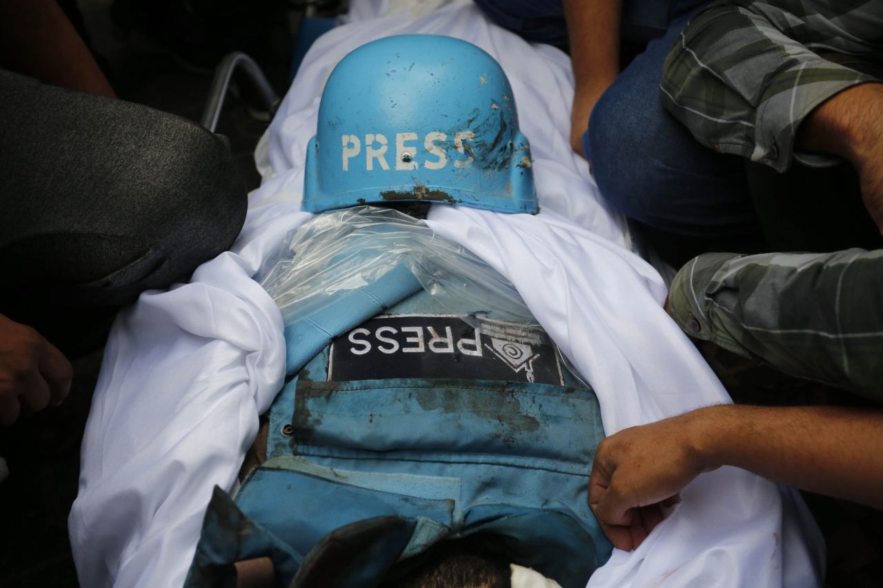 A funeral ceremony is held for Palestinian journalists Saeed Al-Taweel and Mohammad Sobh, who were killed in an Israeli airstrike in Gaza on Tuesday.