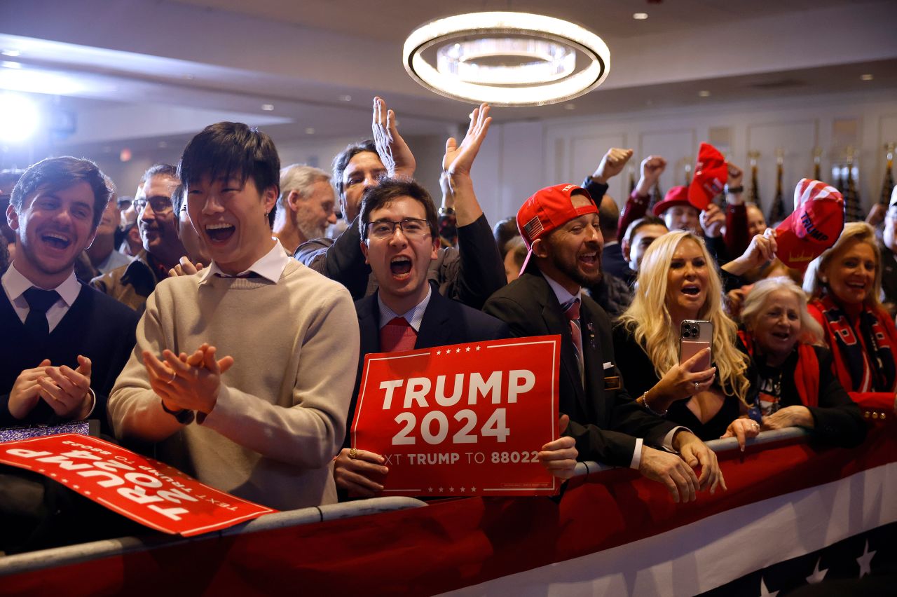 Trump supporters cheer at his election night party. The former president became the first non-incumbent GOP candidate in the modern era to win both Iowa and New Hampshire.