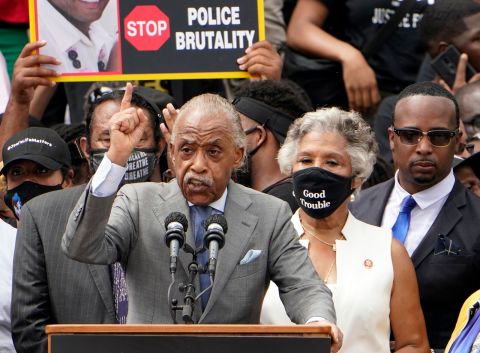 Rev. Al Sharpton speaks at the Lincoln Memorial during the "Commitment March: Get Your Knee Off Our Necks" protest against racism and police brutality, on Friday in Washington.