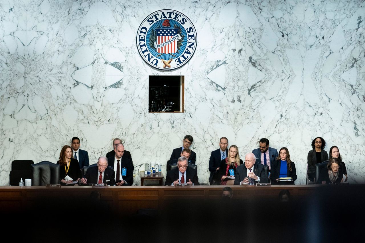 US Sen. Dick Durbin, center, questions Jackson on Tuesday. Durbin, a Democrat from Illinois, is chairman of the Senate Judiciary Committee.