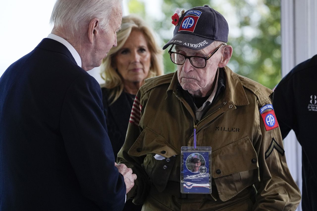President Joe Biden and first lady Jill Biden, greet a World War II veteran during ceremonies to mark the 80th anniversary of D-Day in Normandy, France, on June 6.