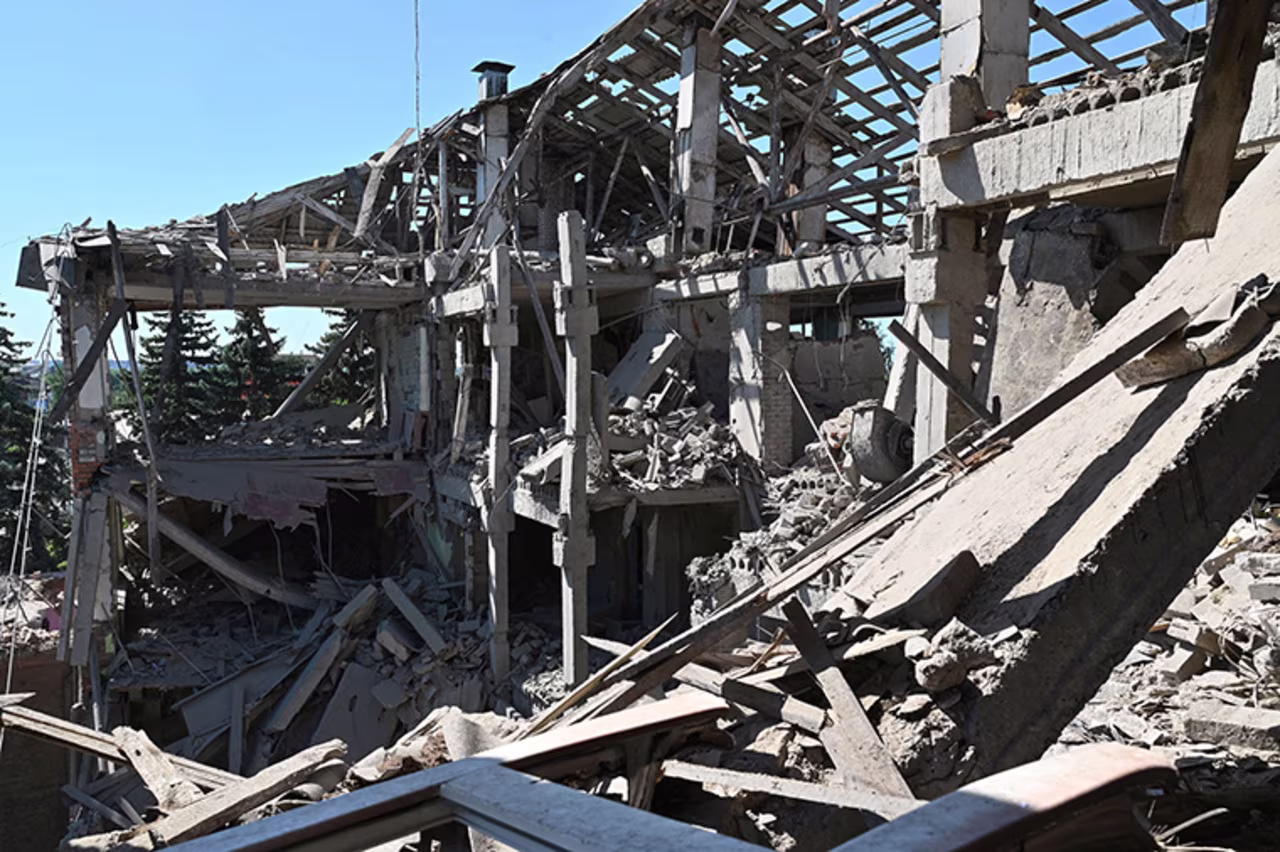 A partially destroyed educational and laboratory building of a college, is seen on June 21,  in Kharkiv.  The building was hit the previous day by a rocket.