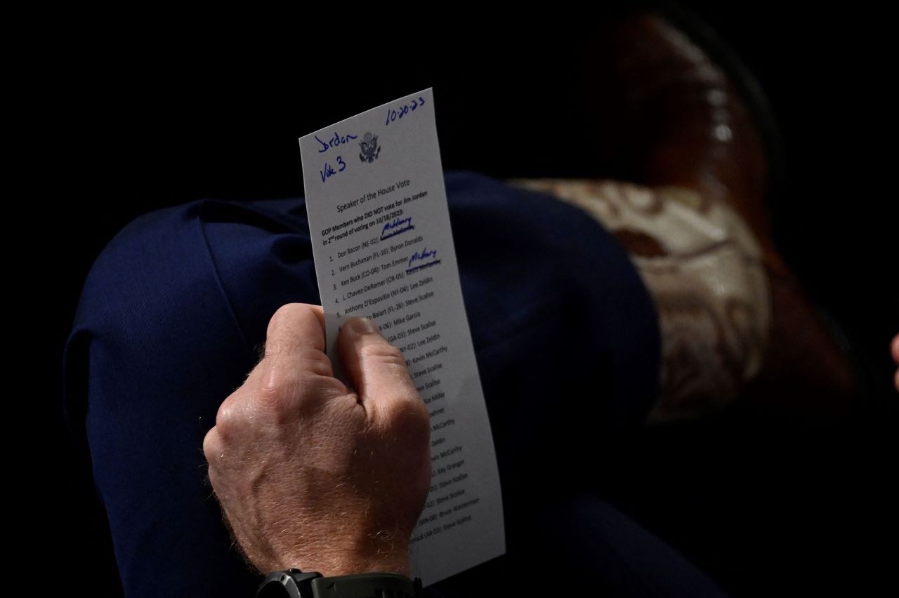 A Republican member of the House of Representatives keeps track of the vote during the third round of voting on Friday.