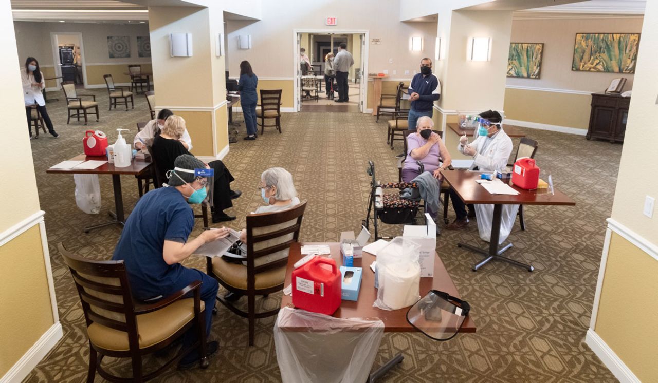 Residents at the Emerald Court senior living community in Anaheim, California get the Pfizer/BioNTech Covid-19 vaccine on January 8.