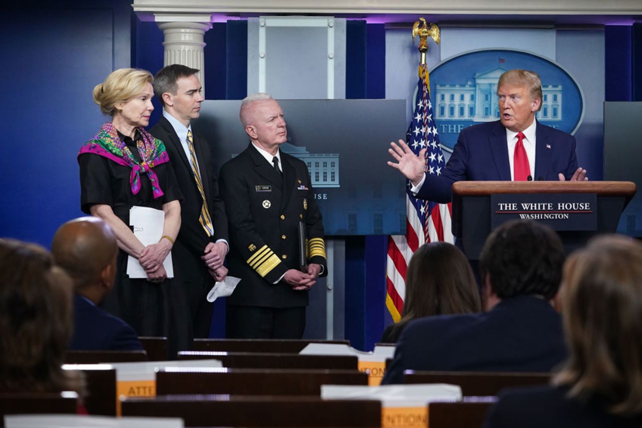 US President Donald Trump at a coronavirus task force meeting at the White House on April 20.