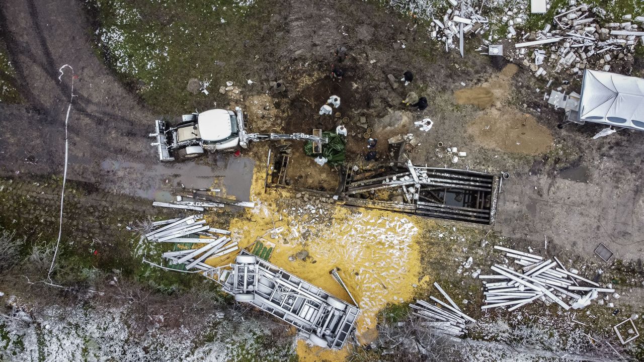 Aerial view taken of the site where a missile strike killed two men in the eastern Poland village of Przewodow, near the border with Ukraine, November 17. 