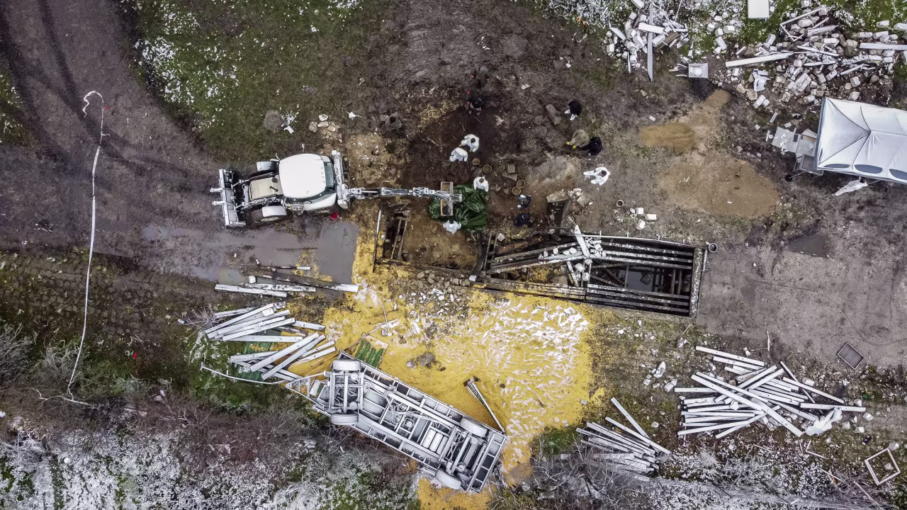 Aerial view taken of the site where a missile strike killed two men in the eastern Poland village of Przewodow, near the border with Ukraine, November 17. 