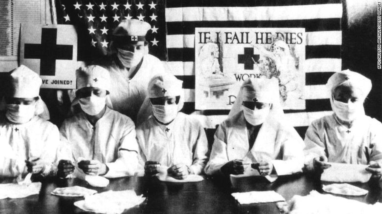 United States Red Cross members prepare supplies for the 1918 flu.