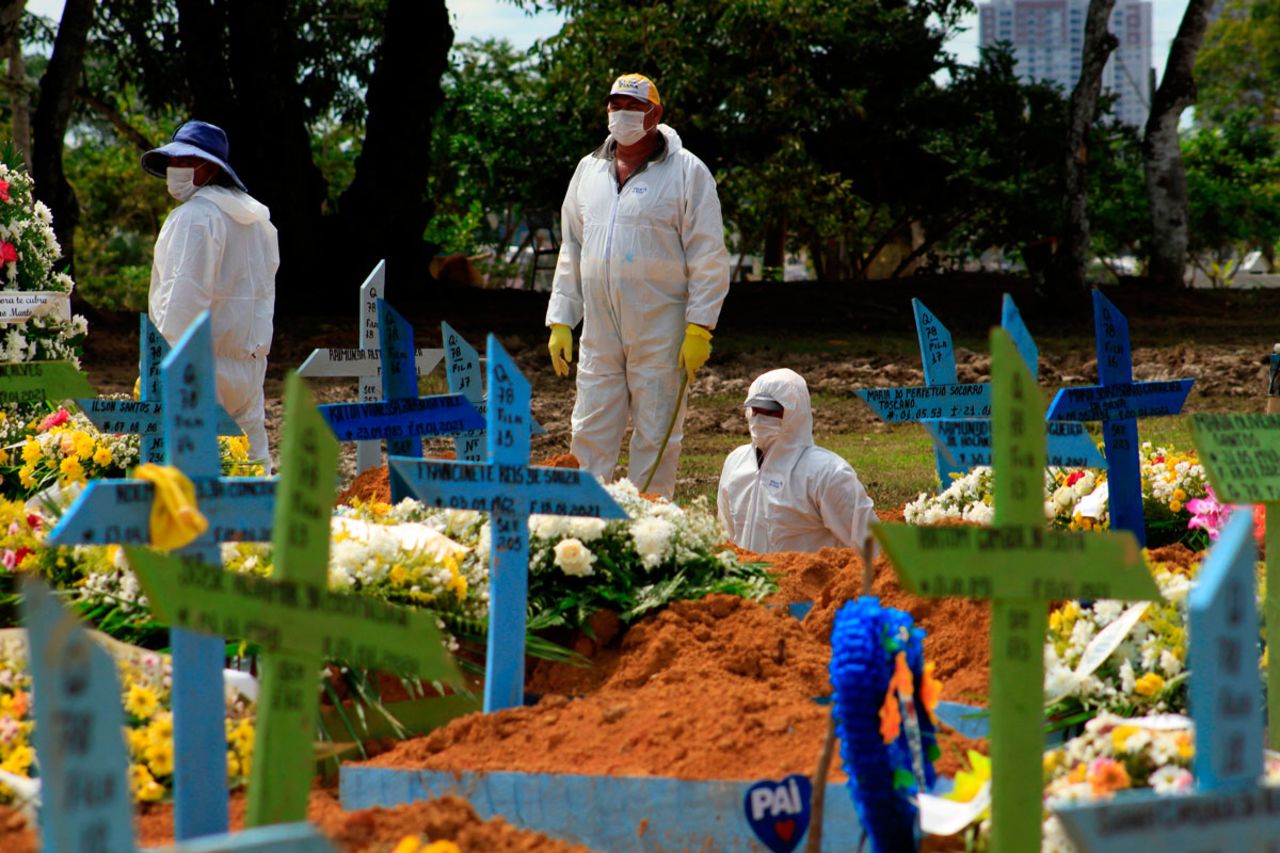 Gravediggers are seen during a funeral of a Covid-19 victim at the Nossa Senhora Aparecida cemetery in Manaus, Brazil, on January 22.