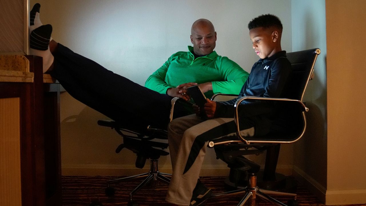 Moore and his son rehearse a speech together on Tuesday.