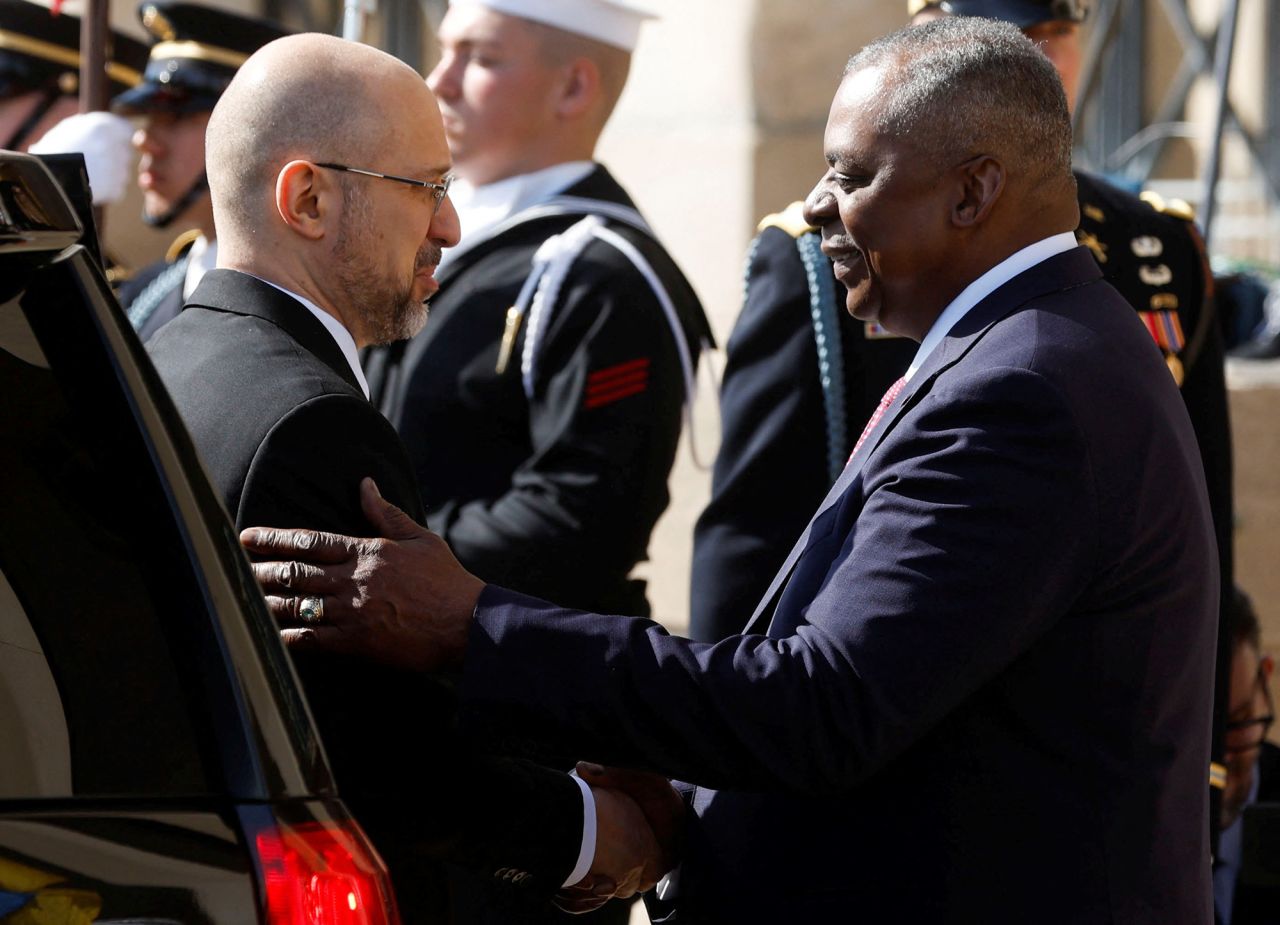 U.S. Defense Secretary Lloyd Austin, right, welcomes Ukraine's Prime Minister?Denys?Shmyhal?to the Pentagon, in Arlington, Virginia, on April 12.