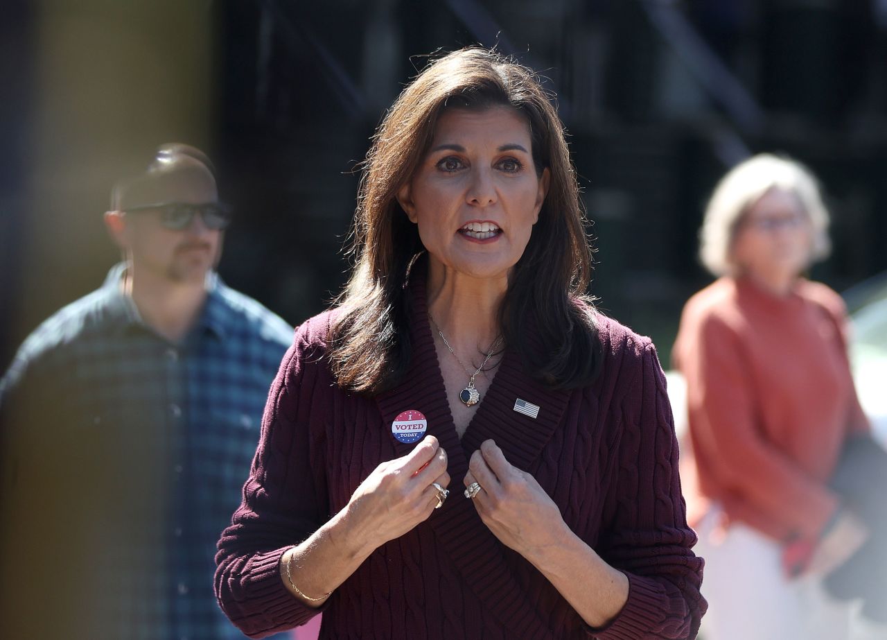 Nikki Haley speaks to reporters after voting in the South Carolina Republican primary on February 24, in Kiawah Island, South Carolina.