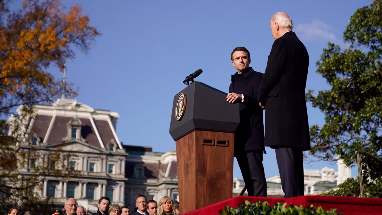 French President Emmanuel Macron speaks alongside US President Joe Biden on the South Lawn of the White House on Thursday, December 1. 