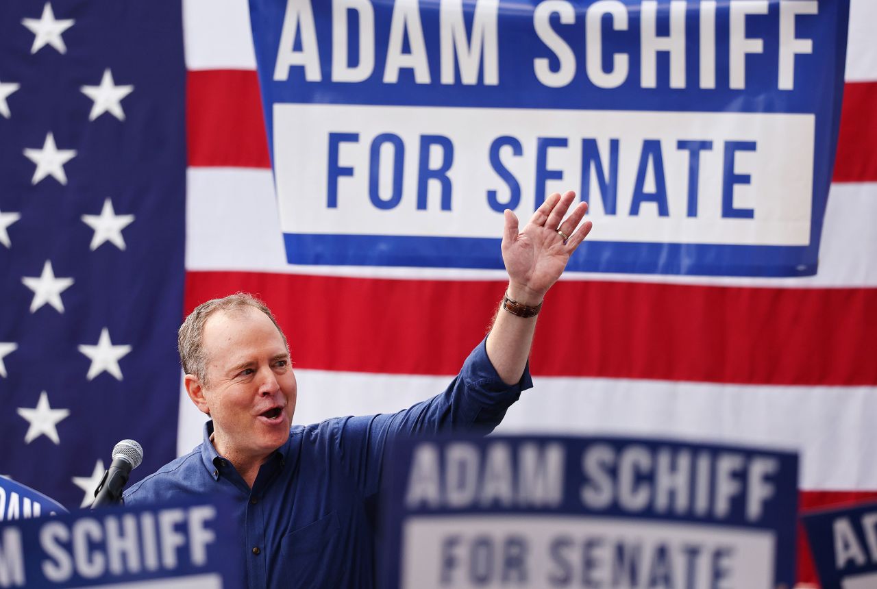 Rep. Adam Schiff waves to supporters outside the International Alliance of Theatrical Stage Employees Union Hall, at the kickoff rally for his two-week ‘California for All Tour’, on February 11, 2023 in Burbank, California.