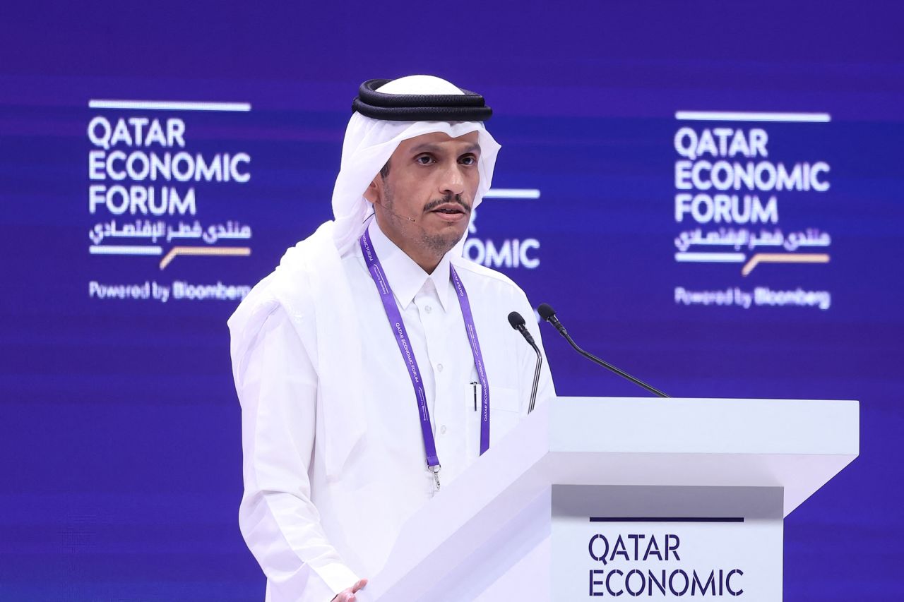 Qatari Prime Minister Mohammed bin Abdulrahman Al-Thani addresses the opening session of the Qatar Economic Forum in Doha on May 14.