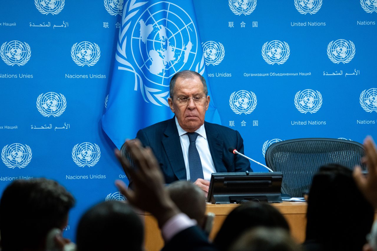 Russian Foreign Minister Sergey Lavrov holds a press conference during the United Nations General Assembly?on September 23 in New York City. 