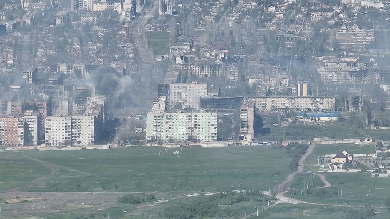 Smoke erupts following a shell explosion in?Bakhmut, Ukraine in this screengrab obtained from a handout video released on May 7. 