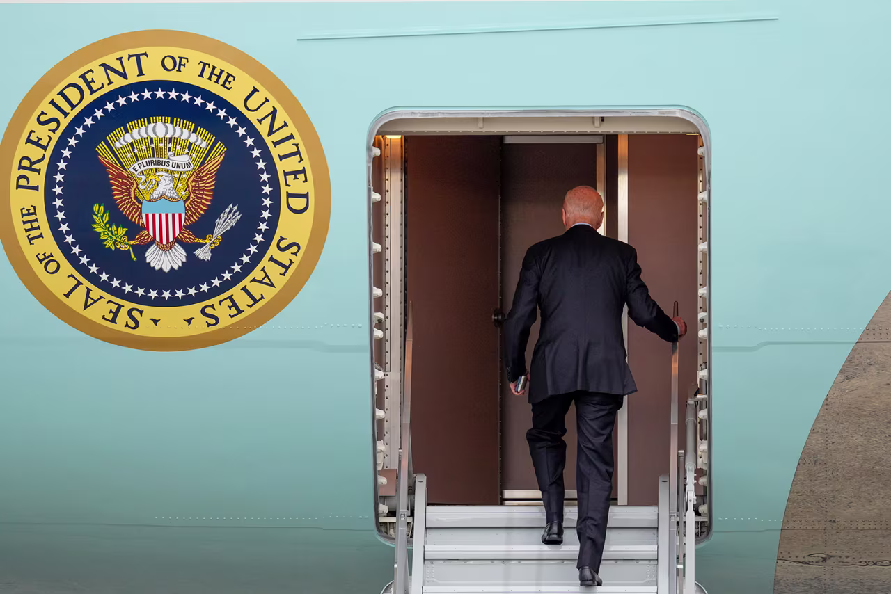 US President Joe Biden boards Air Force One at Andrews Air Force Base in Maryland, Tuesday, October 17, 2023.