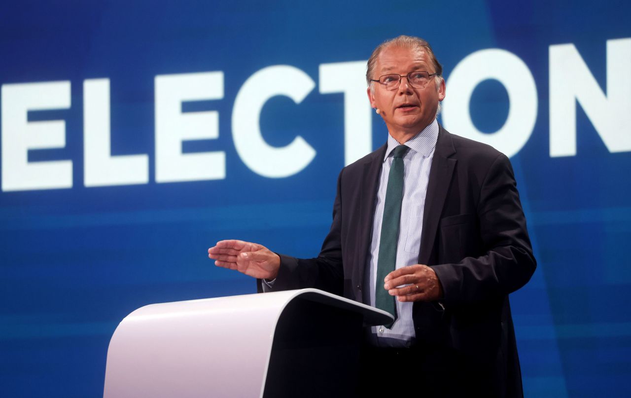 Philippe Lamberts, a member of the Greens/EFA grouping, speaks on stage during an election event at the European Parliament in Brussels on June 9.