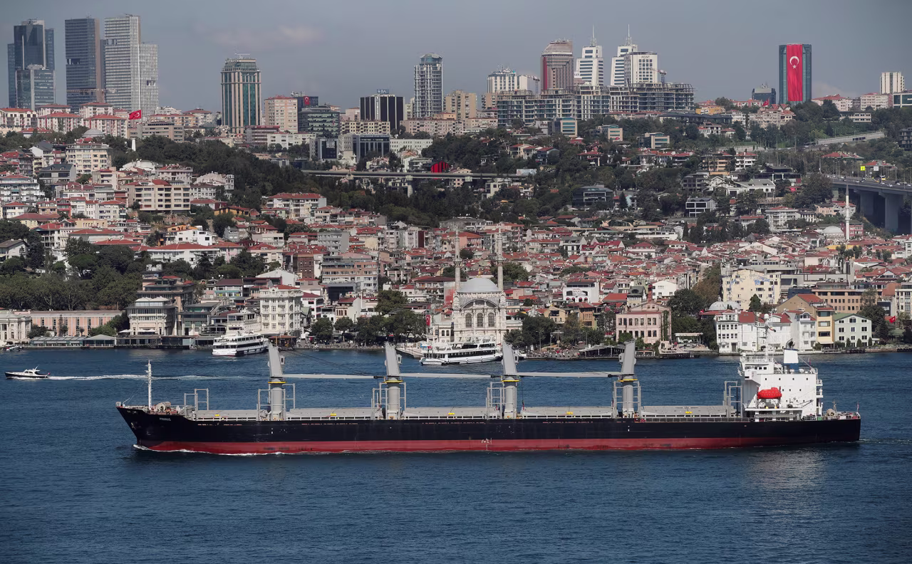Liberian-flagged bulk carrier Primus transits the Bosphorus in Istanbul, Turkey, on August 29.