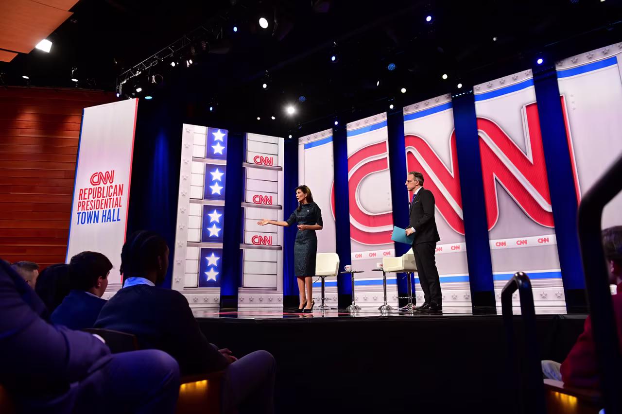 Haley participates in a CNN Republican Presidential Town Hall moderated by CNN’s Jake Tapper at New England College in Henniker, New Hampshire, on Thursday.