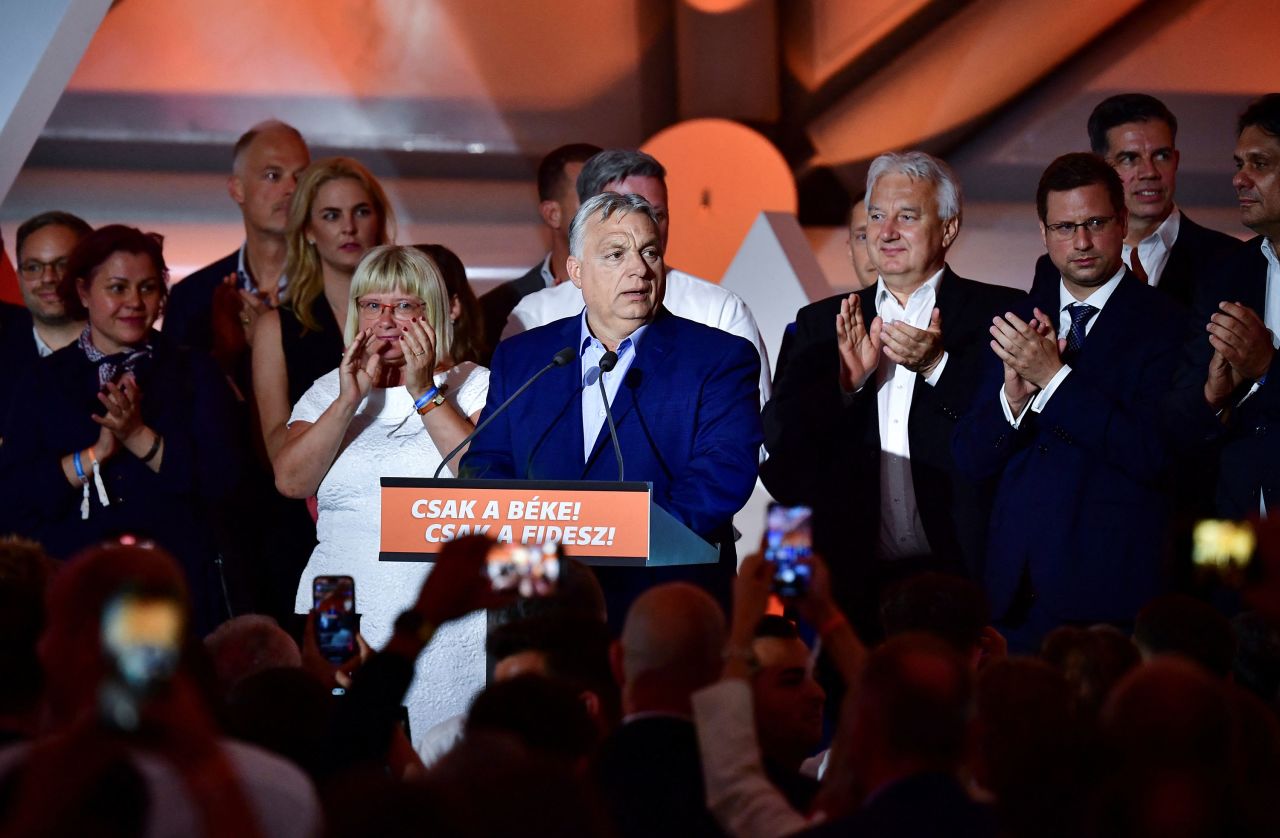 Hungarian Prime Minister Viktor Orban speaks after the announcement of the partial results of the European Parliament and municipal elections in Budapest, Hungary, on June 10, local time.