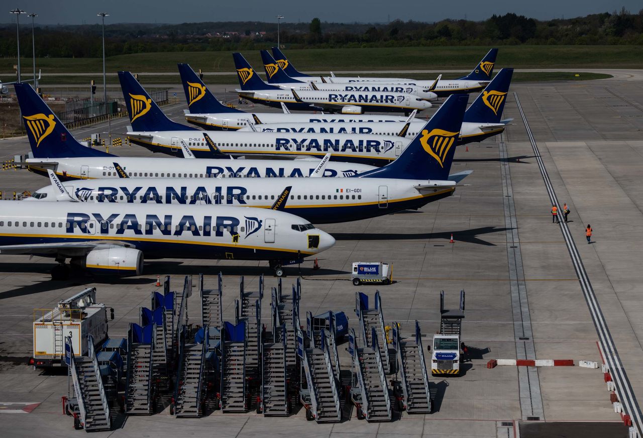 Ryanair passenger aircraft are seen parked at Stansted Airport in Stansted, England, on April 15.