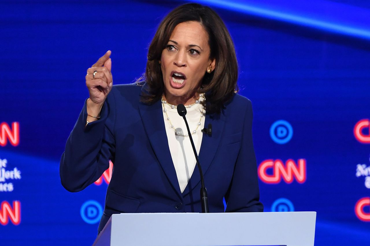 California Senator Kamala Harris speaks onstage during the fourth Democratic primary debate of the 2020 presidential campaign season co-hosted by The New York Times and CNN at Otterbein University in Westerville, Ohio on October 15, 2019.