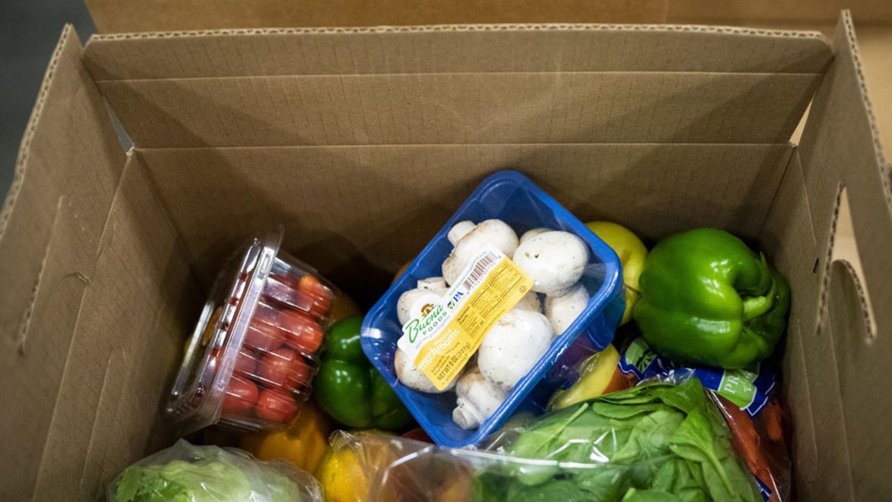 A box of food part of the Farmers to Families Food Box Program sits at the distribution center of Coastal Sunbelt Produce in Laurel, Maryland, on Friday, May 15.