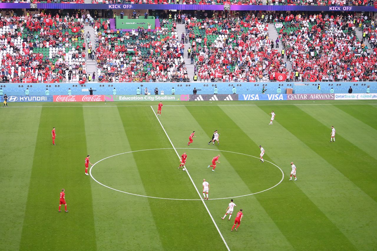 Denmark's Christian Eriksen kicks off during the match between Denmark and Tunisia at Education City Stadium on November 22.