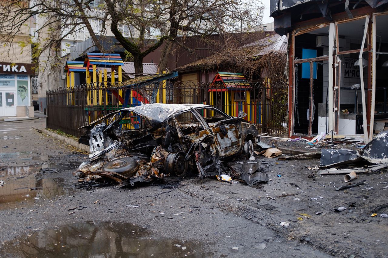 The site of a Russian shelling in Kherson where four were killed, according to the local administration.