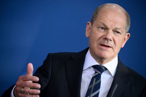 German Chancellor Olaf Scholz speaks at a press conference in Berlin, Germany, on May 5. 