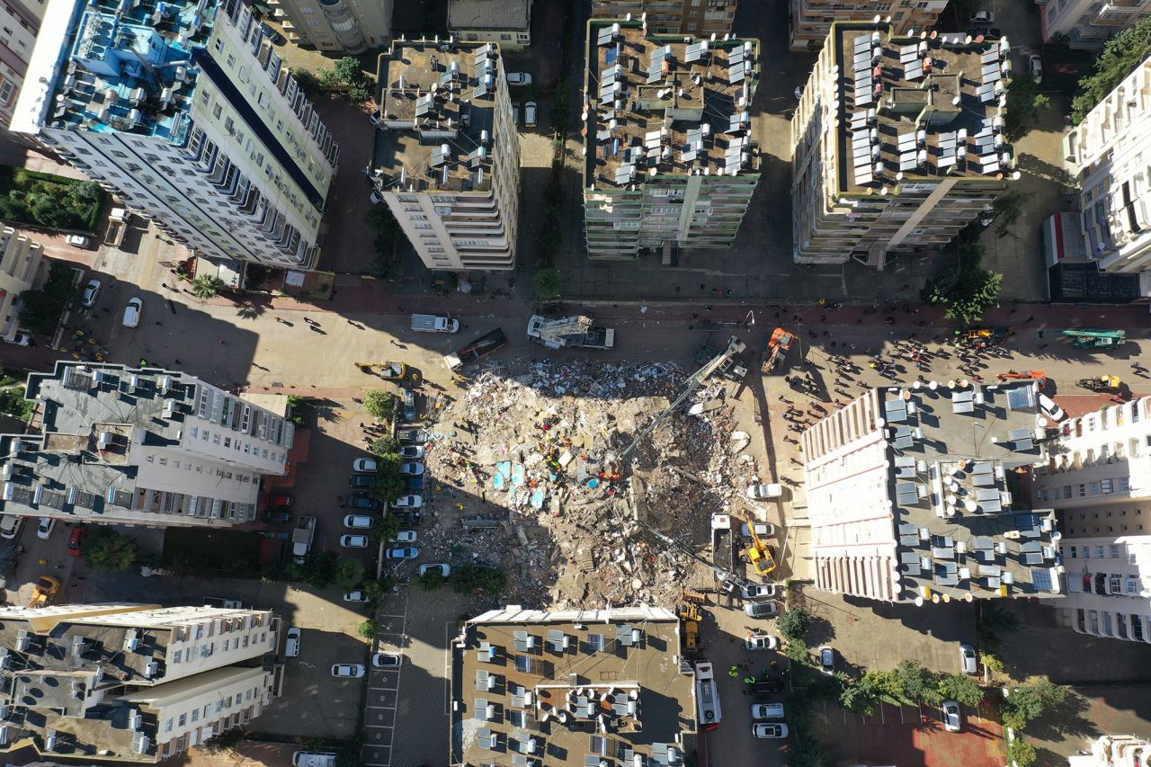 An aerial view of a collapsed 14-storey-building after the huge quake hit the Pazarcik district of Adana, Turkey, on February 6.