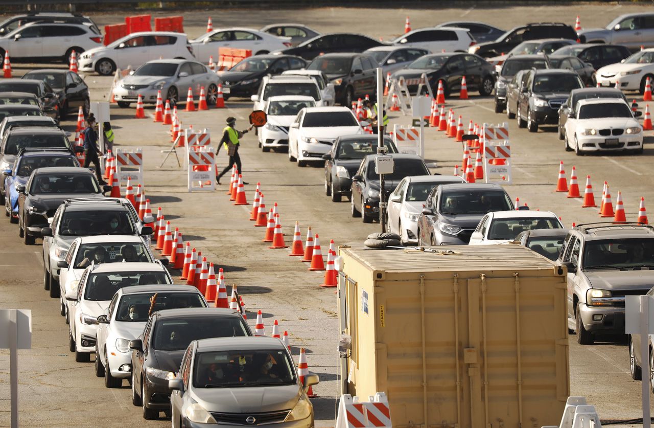 The Dodger Stadium COVID-19 testing site, which is the largest in the U.S. reopened Monday on January 5, in Los Angeles, California. 