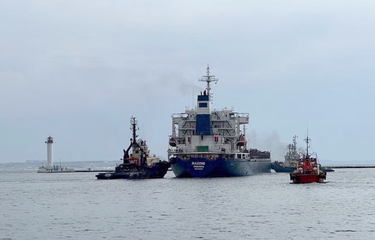 The Sierra Leone-flagged ship Razoni leaves the sea port in Odesa, Ukraine, after restarting grain exports on August 1.