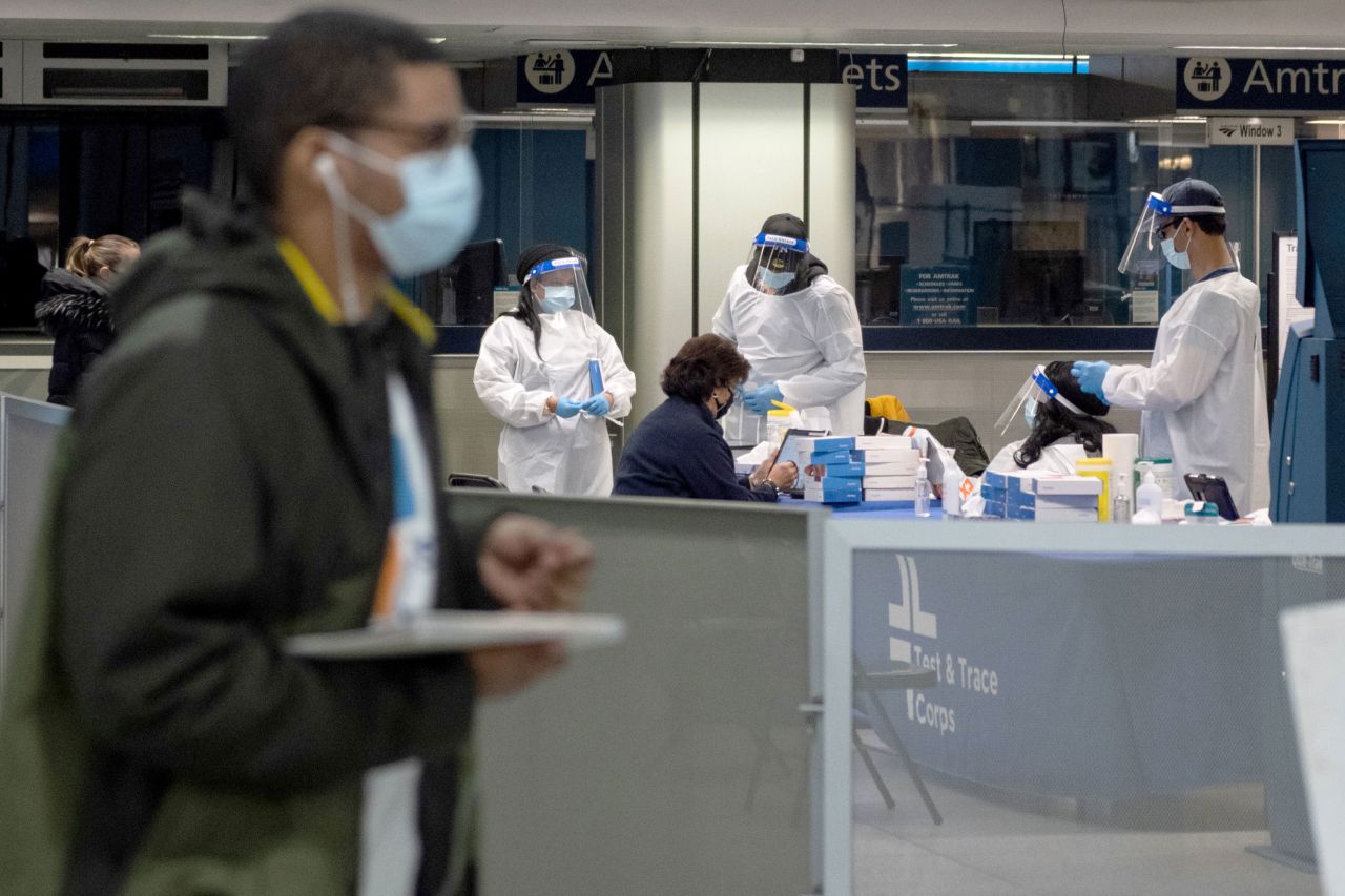 A Covid-19 self-testing site is set up at Penn Station in New York on December 4.