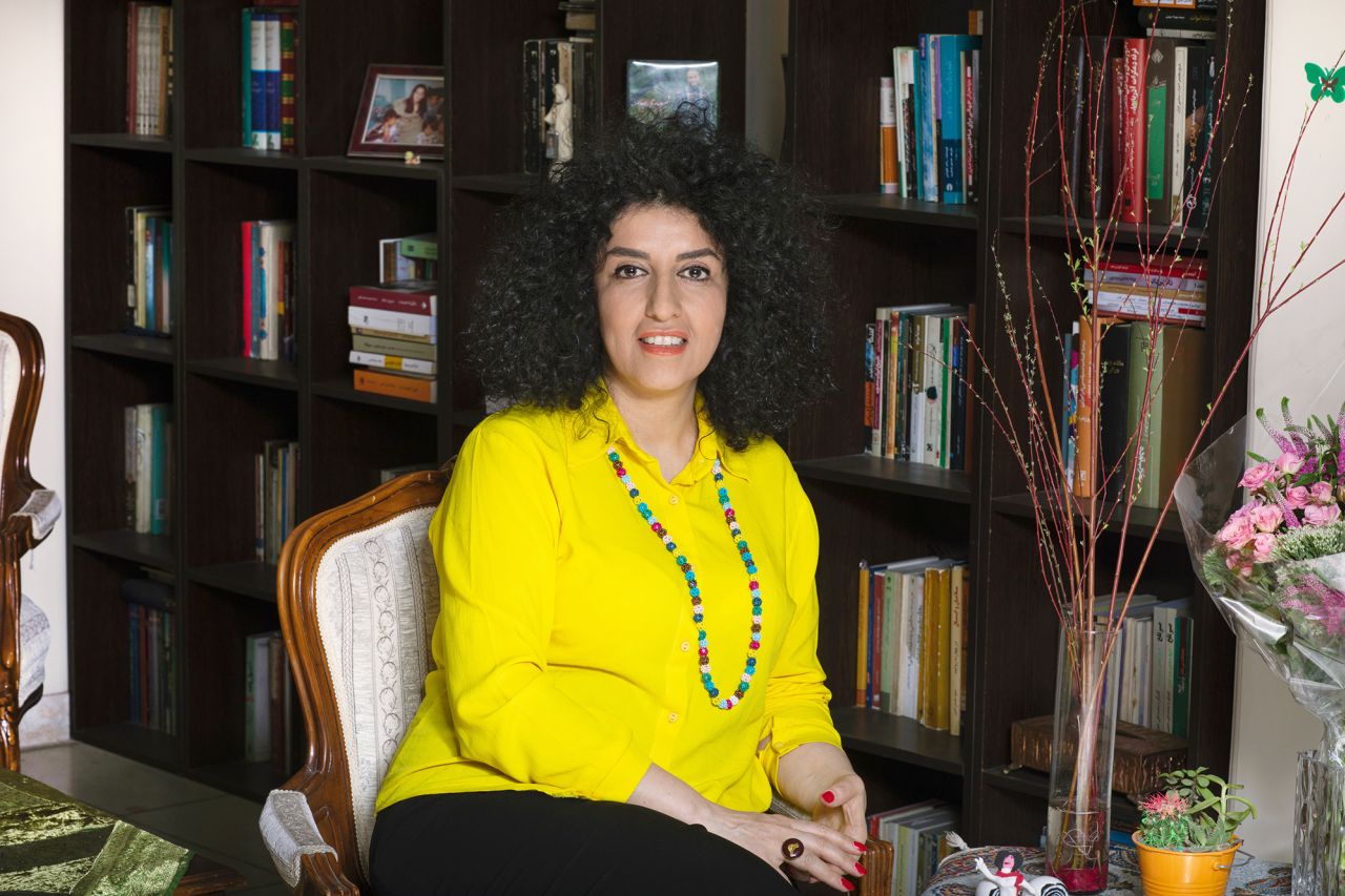 Narges Mohammadi is pictured at home in Iran during a stint out of prison on medical furlough.