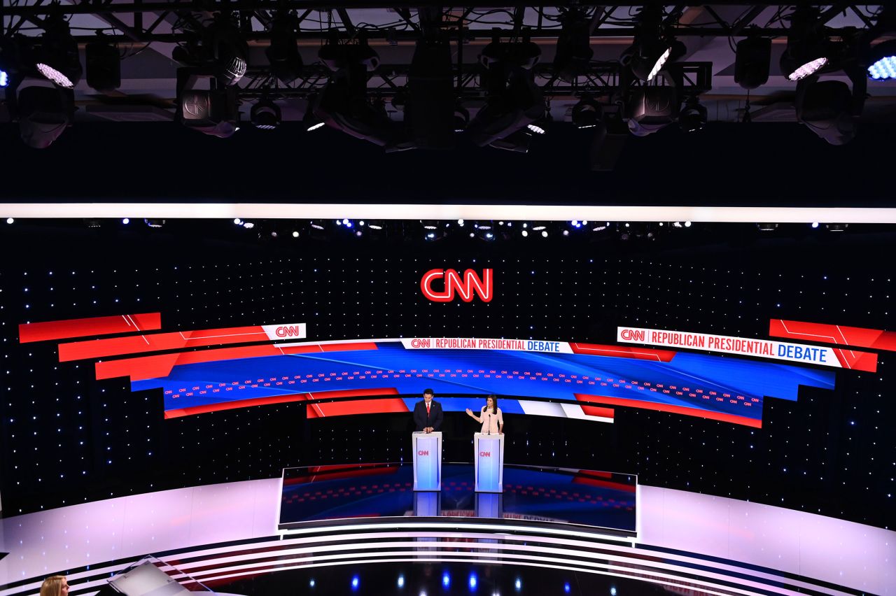 Ron DeSantis and Nikki Haley participate in a CNN Republican Presidential Debate at Drake University in Des Moines on Wednesday.