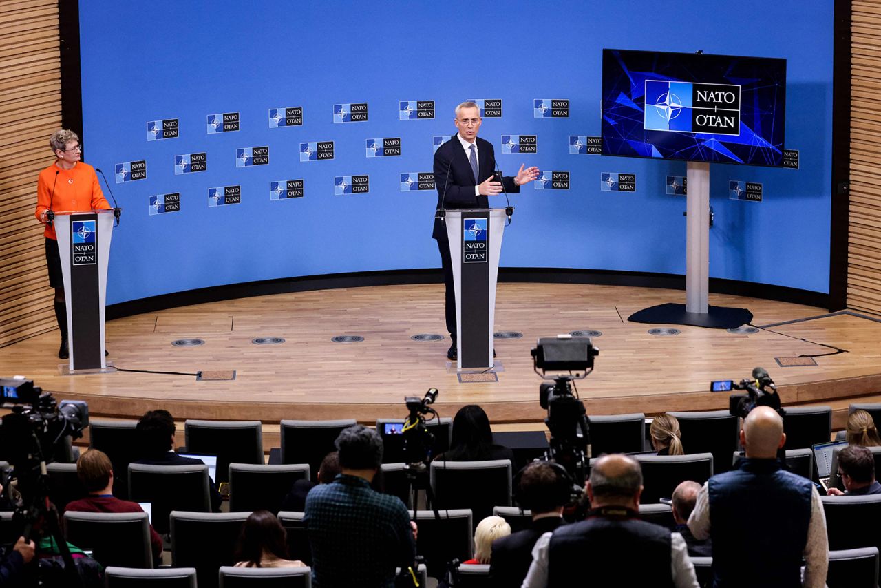 NATO Secretary General Jens Stoltenberg spoke during a press conference to present the next North Atlantic Council (NAC) Ministers of Foreign Affairs meeting at the NATO headquarters in Brussels on April 3.