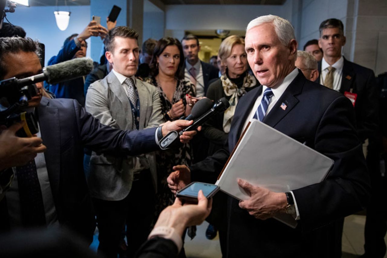 Vice President Mike Pence stops to talk to reporters briefly as he leaves the US Capitol after meeting with Congressional Democrats and Republicans on recent developments with the novel coronavirus March 4 in Washington, DC. 