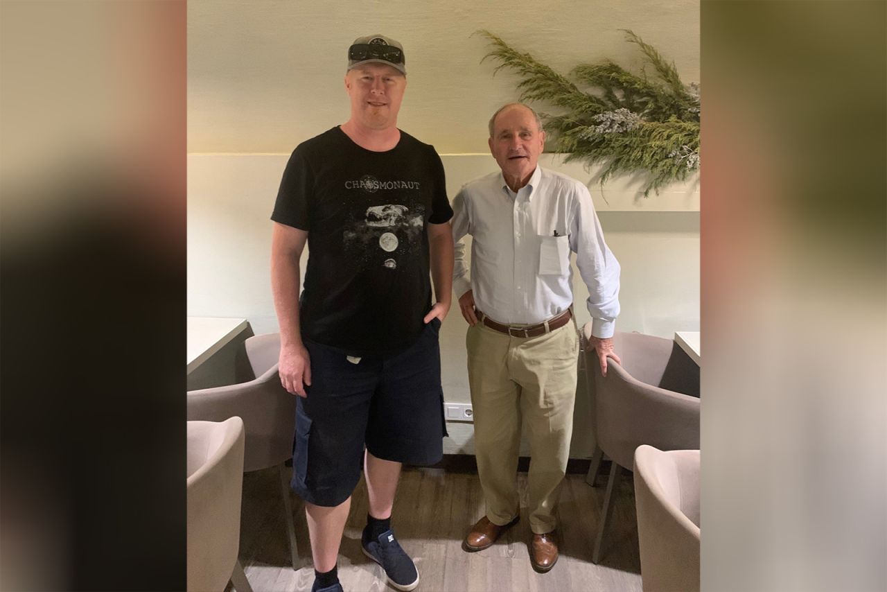 Army Staff Sgt. Nicholas Maimer, left, who was identified as the American citizen killed by Russian artillery in the embattled city of Bakhmut, is pictured with Senator James Risch.
