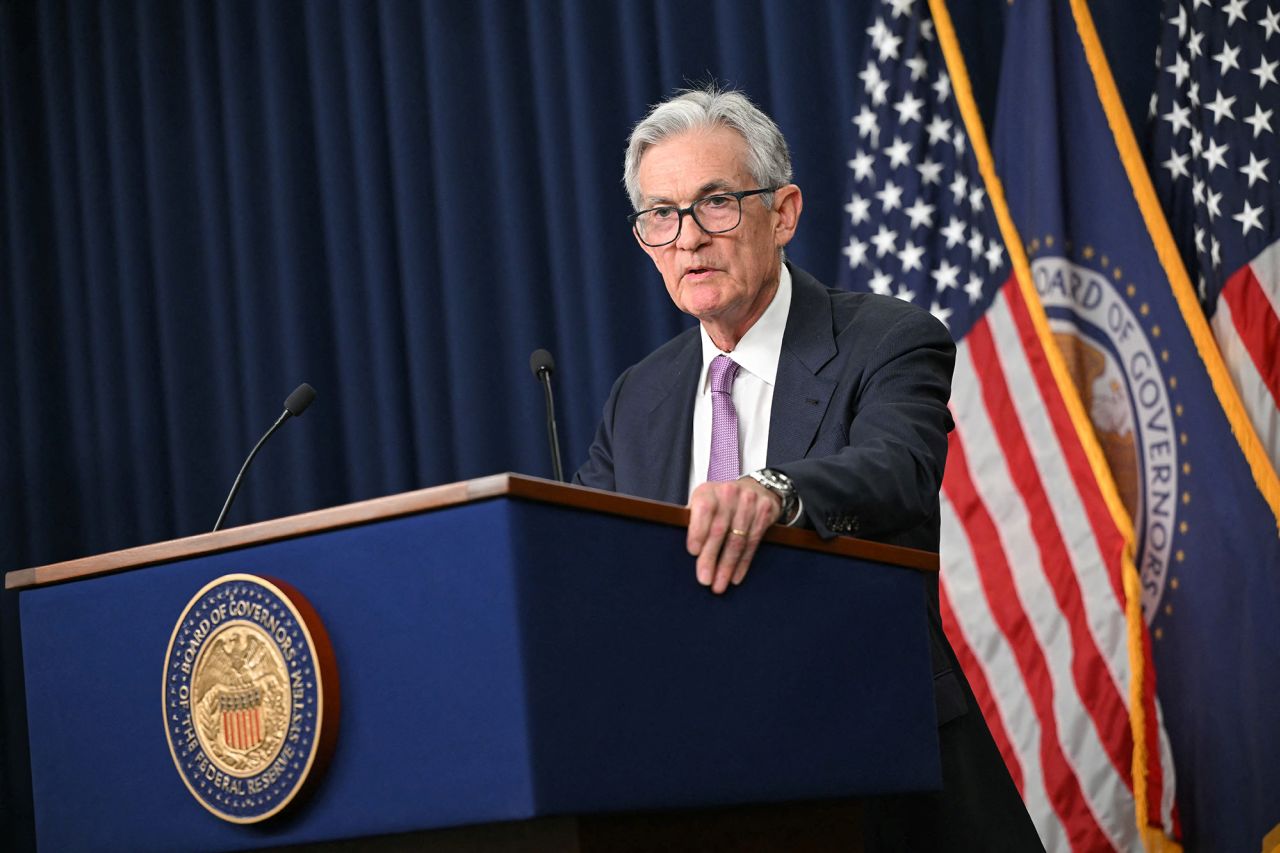 US Federal Reserve chairman Jerome Powell holds a press conference in Washington, DC, today.