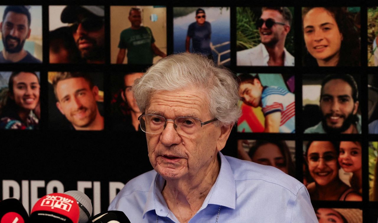 Former Israeli Supreme Court President Aharon Barak attends a press conference together with some of the families of Israeli hostages held by Hamas, in Tel Aviv, Israel, on November 3.