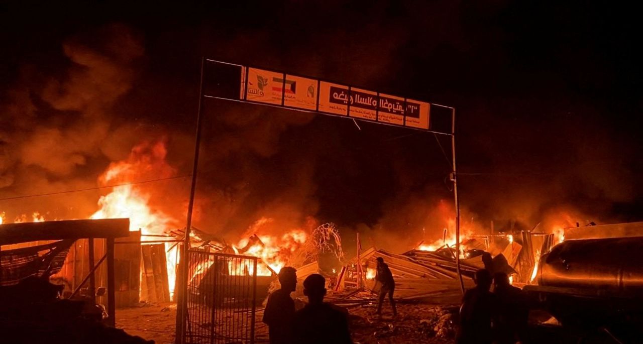 In this video still, fire rages following an Israeli strike on an area designated for displaced Palestinians in Rafah, Gaza, on May 26. 