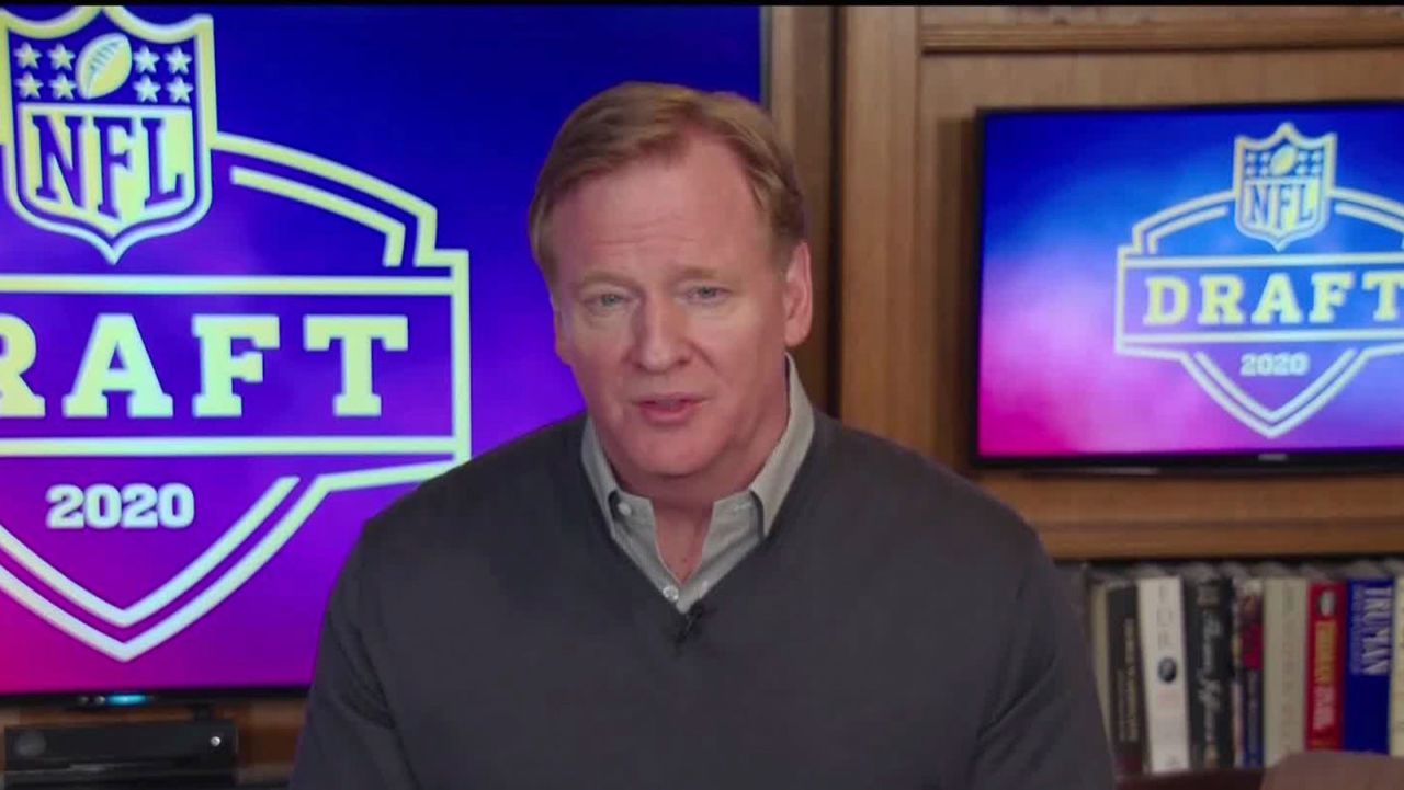 In this still image from video provided by the NFL, Commissioner Roger Goodell speaks just before the NFL football draft, April 23, 2020. (NFL via AP)