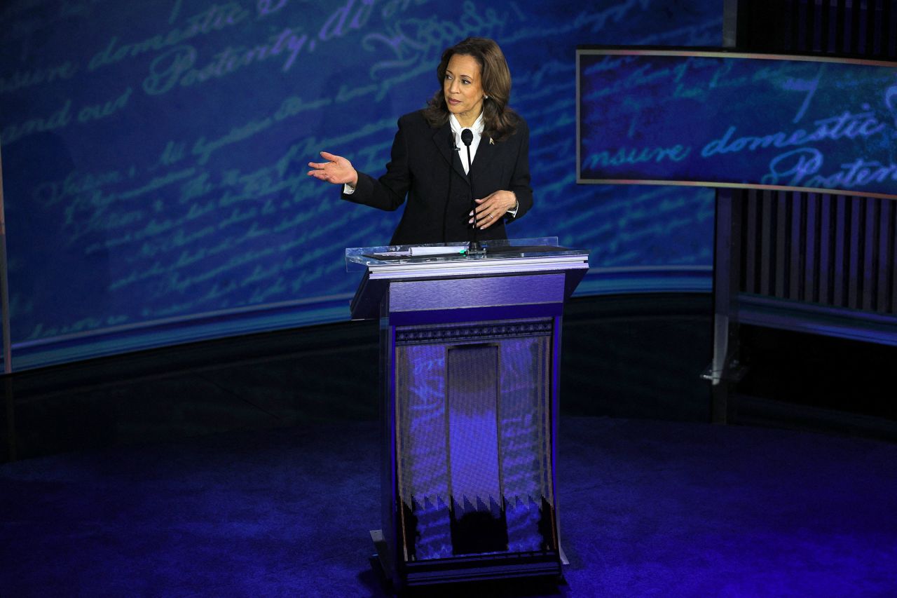 Harris gestures as she speaks during a presidential debate.