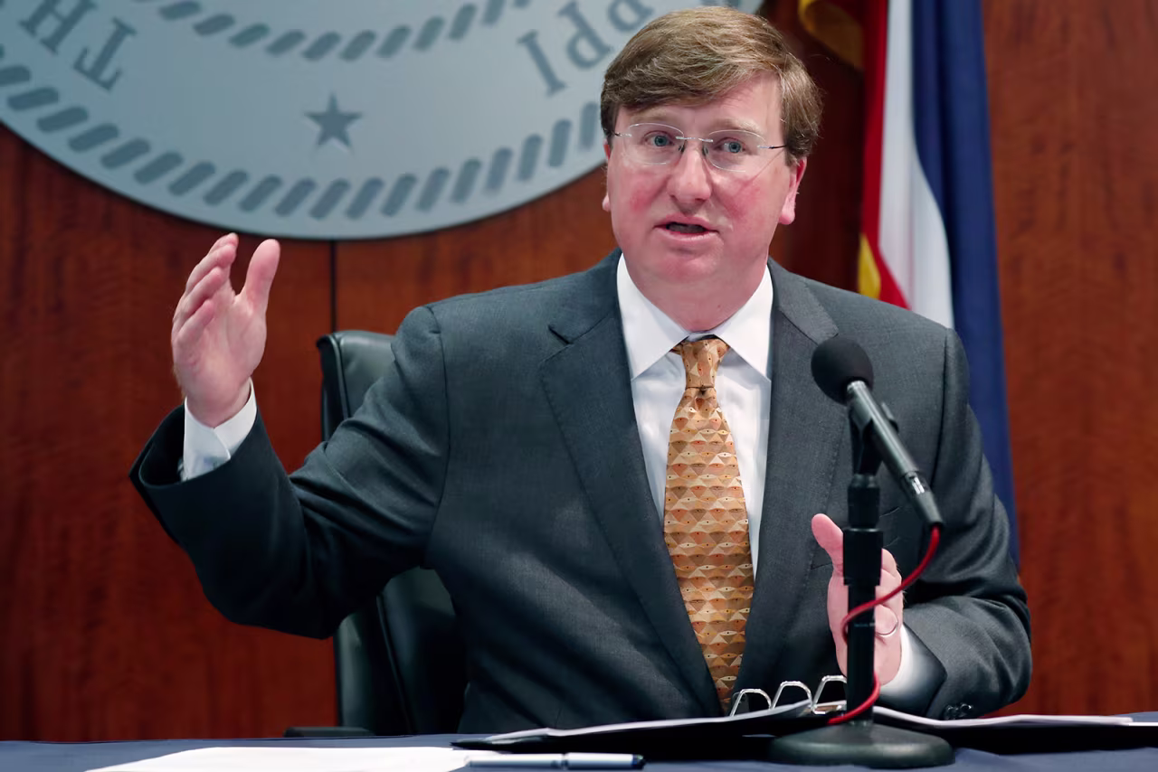 Gov. Tate Reeves provides reporters an update on the state's response to COVID-19 in Jackson, Mississippi on April 29.