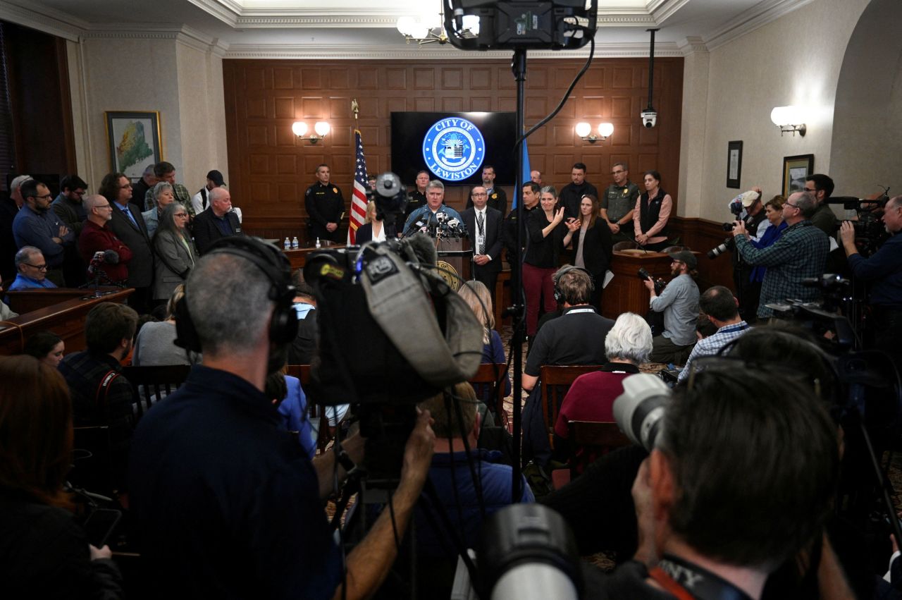 Maine State Police Colonel William Ross speaks during a news conference in Lewiston City Hall on Thursday.?